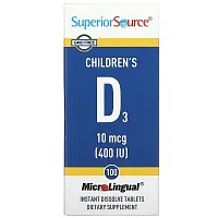 Superior Source, Children&#x27;s D3, 10 mcg (400 IU), 100 MicroLingual Instant Dissolve Tablets