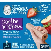 Gerber, Snacks for Baby, Soothe 'n' Chew, палочки для прорезывания зубов, от 6 месяцев, клубничное яблоко, 6 палочек в индивидуальной упаковке, 15 г (0,53 унции) каждый