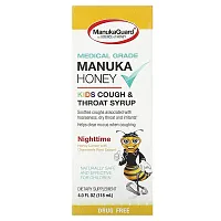 ManukaGuard, Manuka Honey, Kids Cough &amp; Throat Syrup, Nighttime, Honey Lemon, 4 fl oz (118 ml)