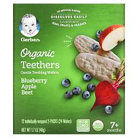 Gerber, Organic Teethers, вафли для мягкого прорезывания зубов, для малышей от 7 месяцев, черника, яблоко и свекла, 12 пакетиков по 2 вафли в каждом