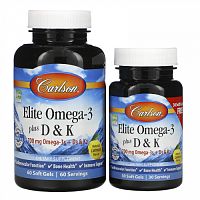 Carlson, Elite Omega-3 с витаминами D и K, натуральный лимонный вкус, 60 (+ 30 бонусных) мягких капсул