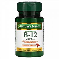 Nature's Bounty, B-12, натуральный вишневый вкус, 2500 мкг, 75 быстрорастворимых таблеток