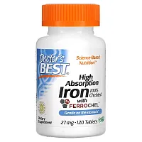 Doctor&#x27;s Best, High Absorption Iron with Ferrochel, 27 mg, 120 Tablets