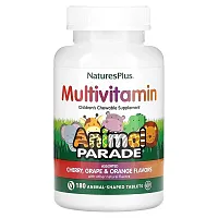 NaturesPlus, Animal Parade, Children&#x27;s Chewable Multivitamin Supplement, Cherry, Grape &amp; Orange, 180 Animal-Shaped Tablets